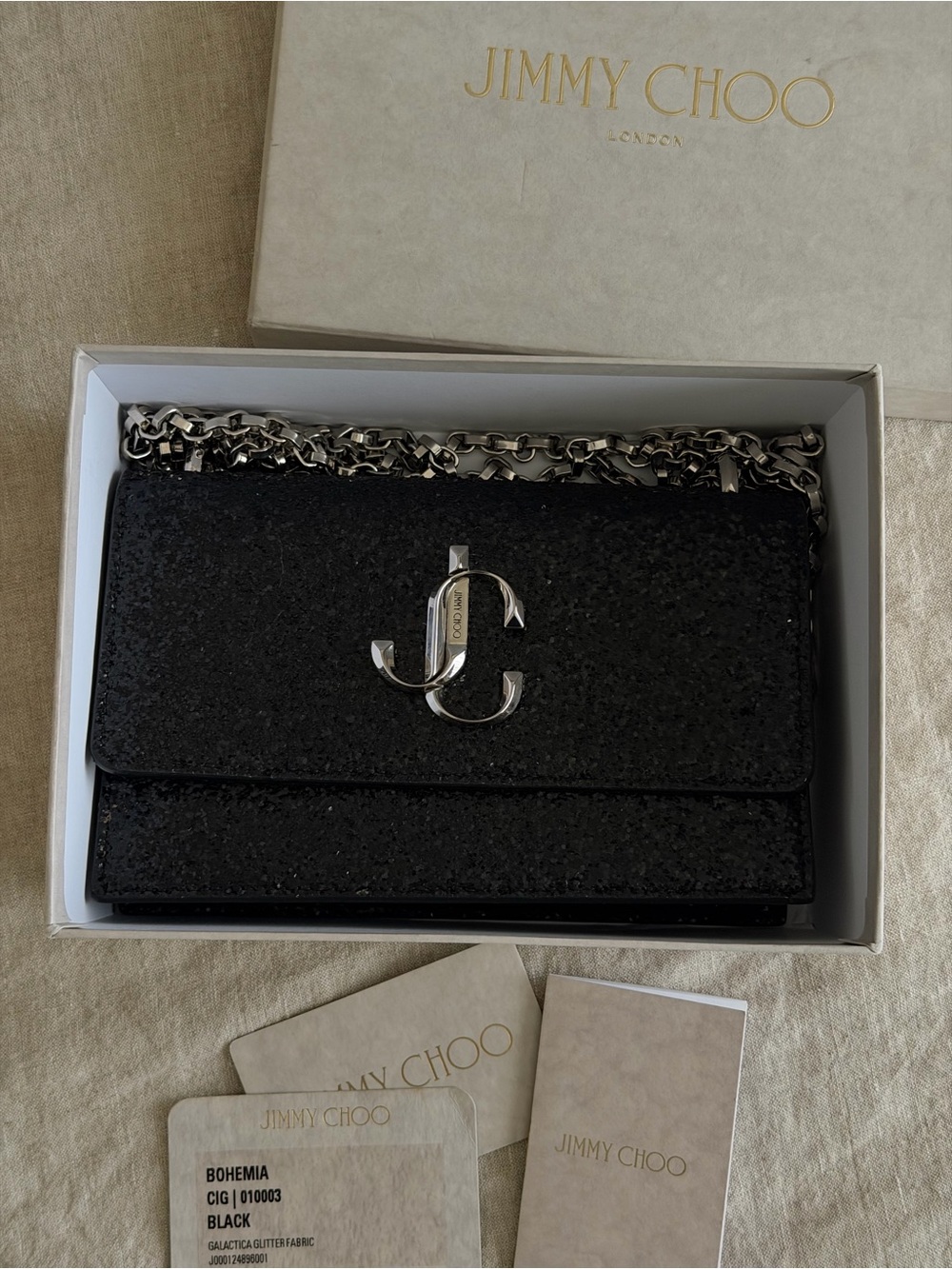 Jimmy Choo Black Glitter Chain Bag